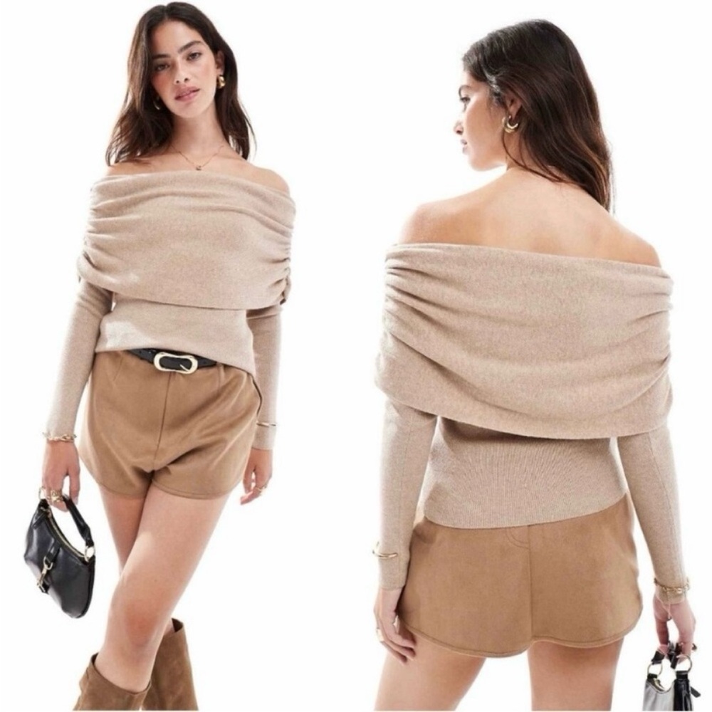 Beige Evefine Rib Ruched Off Shoulder Sweater